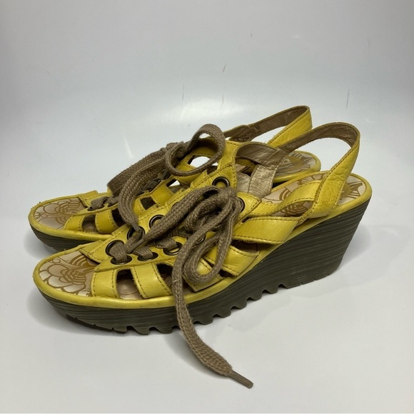 Fly London Yito wedge lace up sandals yellow leather size 40 - Picture 7 of 10